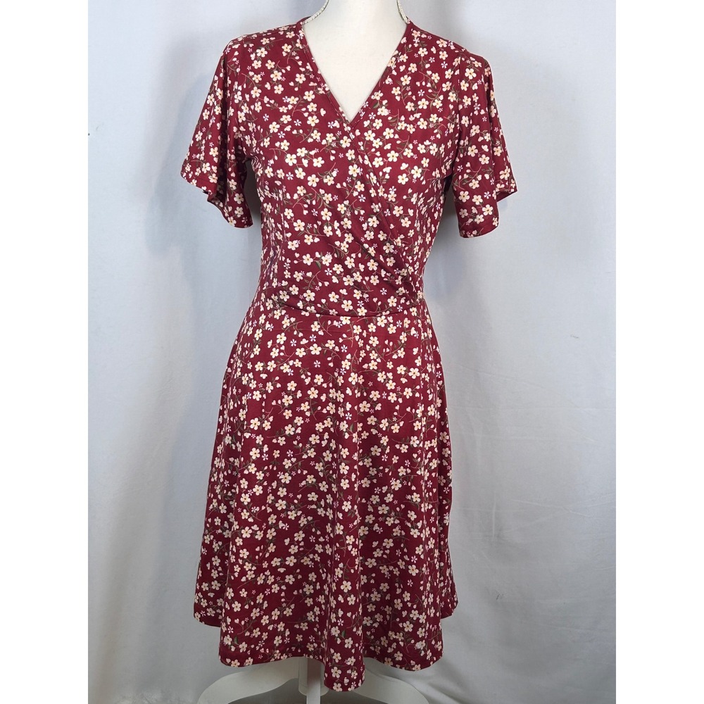 Fensace Wrap Dress Womens M Red Excellent Floral Short Sleeve V-Neck Midi